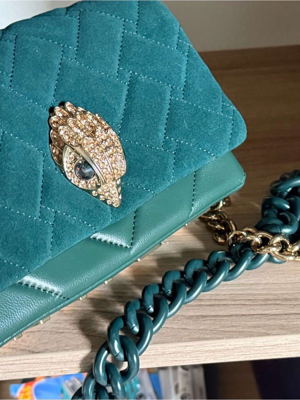 Kurt Geiger London Green Velvet Crossbody Bag Crystal Eagle Chain